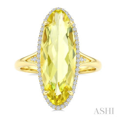 22X8 MM Oval Shape Lemon Quartz and 1/5 Ctw Round Cut Diamond Semi-Precious Ring in 14K Yellow Gold