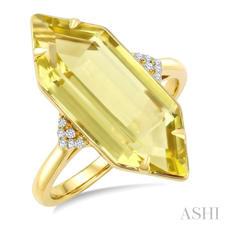 22X8 MM Hexagon Shape Lemon Quartz and 1/20 Ctw Round Cut Diamond Semi-Precious Ring in 14K Yellow Gold