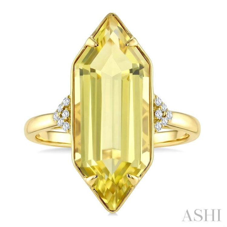 22X8 MM Hexagon Shape Lemon Quartz and 1/20 Ctw Round Cut Diamond Semi-Precious Ring in 14K Yellow Gold