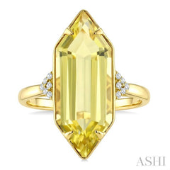 22X8 MM Hexagon Shape Lemon Quartz and 1/20 Ctw Round Cut Diamond Semi-Precious Ring in 14K Yellow Gold