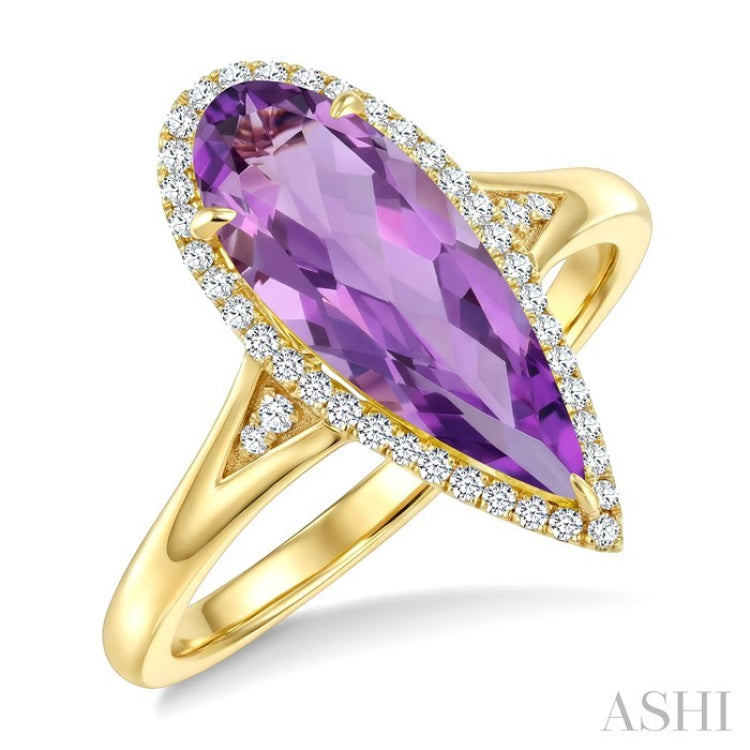 16X6 MM Pear Shape Amethyst and 1/6 Ctw Round Cut Diamond Semi-Precious Ring in 10K Yellow Gold