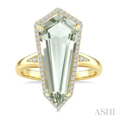 22X9 MM Shield Shape Green Amethyst and 1/4 Ctw Round Cut Diamond Semi-Precious Ring in 14K Yellow Gold