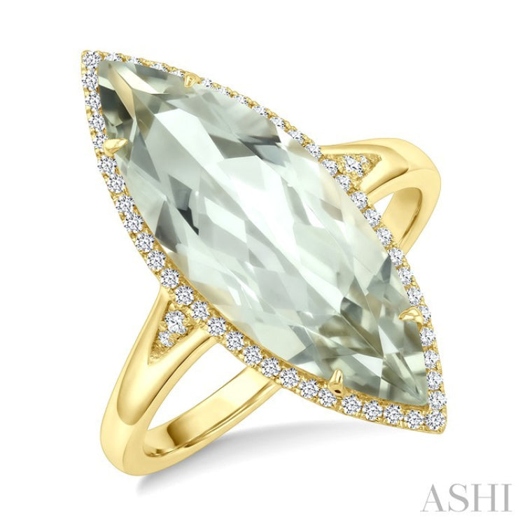 22X8 MM Marquise Shape Green Amethyst and 1/5 Ctw Round Cut Diamond Semi-Precious Ring in 14K Yellow Gold