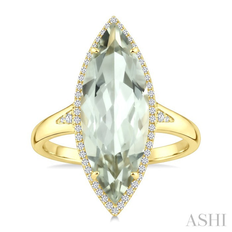 22X8 MM Marquise Shape Green Amethyst and 1/5 Ctw Round Cut Diamond Semi-Precious Ring in 14K Yellow Gold