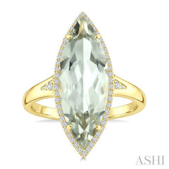 22X8 MM Marquise Shape Green Amethyst and 1/5 Ctw Round Cut Diamond Semi-Precious Ring in 14K Yellow Gold