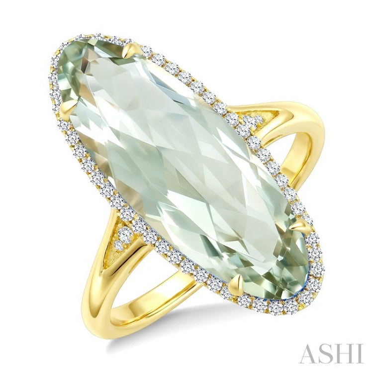 22X8 MM Oval Shape Green Amethyst and 1/5 Ctw Round Cut Diamond Semi-Precious Ring in 14K Yellow Gold