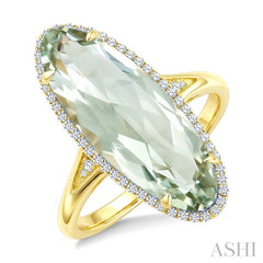22X8 MM Oval Shape Green Amethyst and 1/5 Ctw Round Cut Diamond Semi-Precious Ring in 14K Yellow Gold