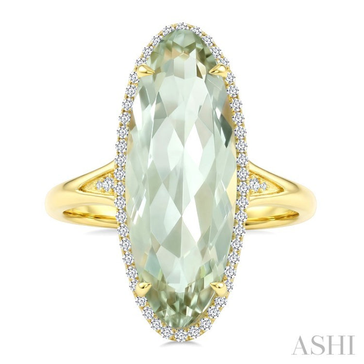 22X8 MM Oval Shape Green Amethyst and 1/5 Ctw Round Cut Diamond Semi-Precious Ring in 14K Yellow Gold