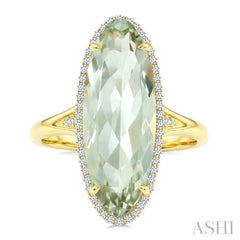 22X8 MM Oval Shape Green Amethyst and 1/5 Ctw Round Cut Diamond Semi-Precious Ring in 14K Yellow Gold