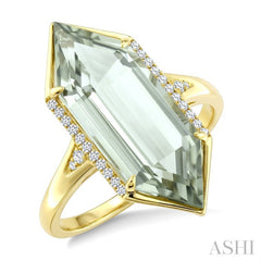 22X8 MM Hexagon Shape Green Amethyst and 1/10 Ctw Round Cut Diamond Semi-Precious Ring in 14K Yellow Gold