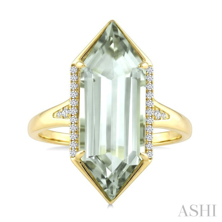 22X8 MM Hexagon Shape Green Amethyst and 1/10 Ctw Round Cut Diamond Semi-Precious Ring in 14K Yellow Gold