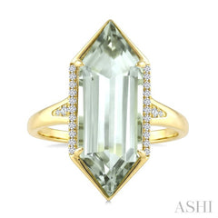 22X8 MM Hexagon Shape Green Amethyst and 1/10 Ctw Round Cut Diamond Semi-Precious Ring in 14K Yellow Gold