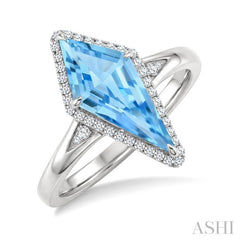 16X7 MM Kite Shape Blue Topaz and 1/6 Ctw Round Cut Diamond Semi-Precious Ring in 10K White Gold