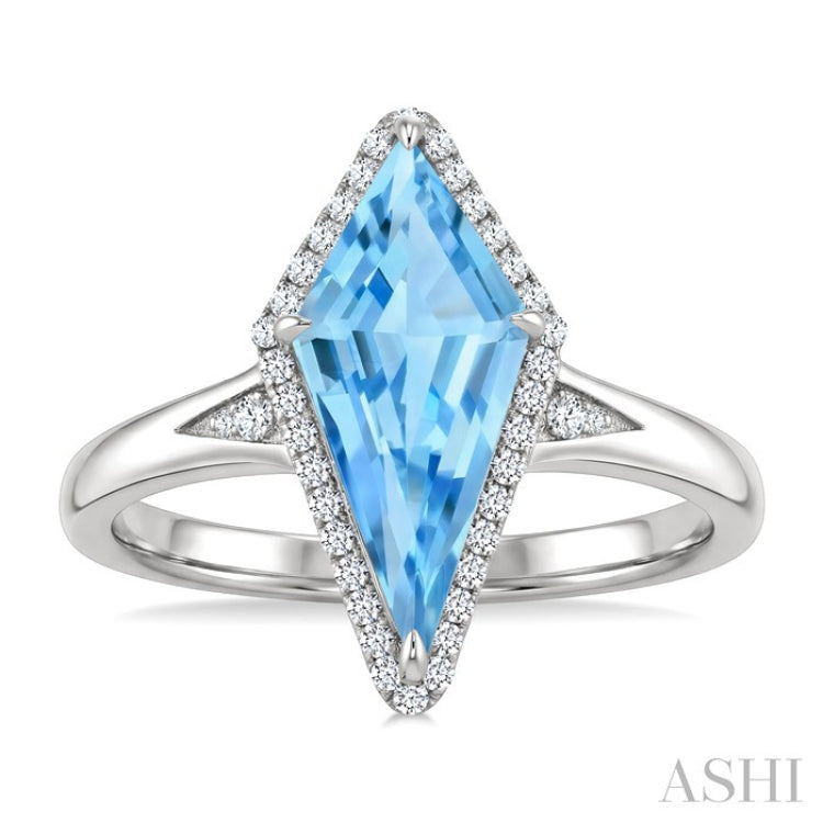 16X7 MM Kite Shape Blue Topaz and 1/6 Ctw Round Cut Diamond Semi-Precious Ring in 10K White Gold