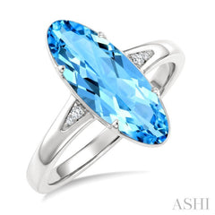 16X6 MM Oval Shape Blue Topaz and 1/50 Ctw Round Cut Diamond Semi-Precious Ring in 10K White Gold