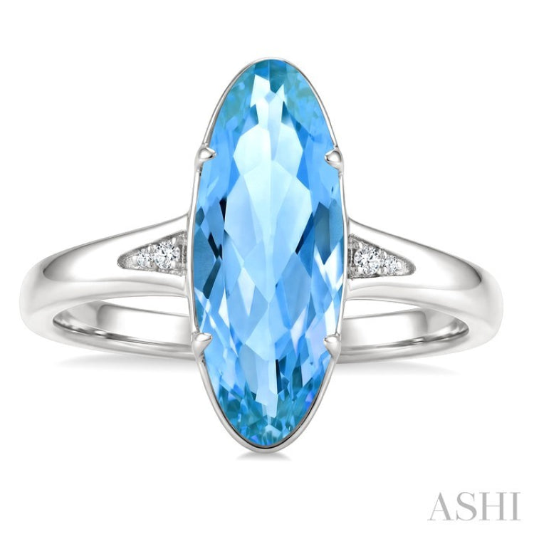 16X6 MM Oval Shape Blue Topaz and 1/50 Ctw Round Cut Diamond Semi-Precious Ring in 10K White Gold