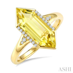 16X6 MM Hexagon Shape Lemon Quartz and 1/10 Ctw Round Cut Diamond Semi-Precious Ring in 10K Yellow Gold