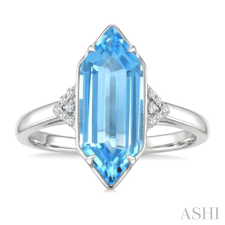 16X6 MM Hexagon Shape Blue Topaz and 1/20 Ctw Round Cut Diamond Semi-Precious Ring in 10K White Gold