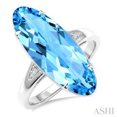 22X8 MM Oval Shape Blue Topaz and 1/50 Ctw Round Cut Diamond Semi-Precious Ring in 14K White Gold