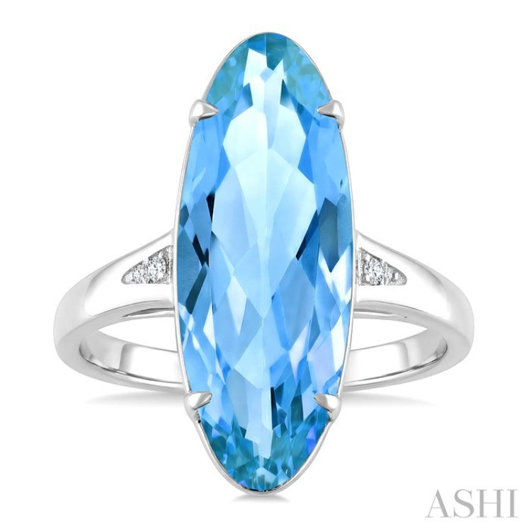22X8 MM Oval Shape Blue Topaz and 1/50 Ctw Round Cut Diamond Semi-Precious Ring in 14K White Gold