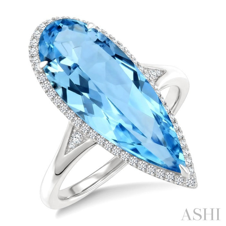 22X8 MM Pear Shape Blue Topaz and 1/5 Ctw Round Cut Diamond Semi-Precious Ring in 14K White Gold