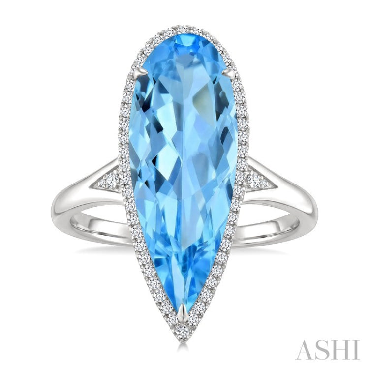 22X8 MM Pear Shape Blue Topaz and 1/5 Ctw Round Cut Diamond Semi-Precious Ring in 14K White Gold