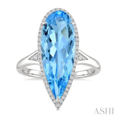 22X8 MM Pear Shape Blue Topaz and 1/5 Ctw Round Cut Diamond Semi-Precious Ring in 14K White Gold
