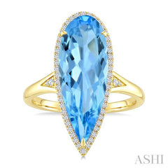 22X8 MM Pear Shape Blue Topaz and 1/5 Ctw Round Cut Diamond Semi-Precious Ring in 14K Yellow Gold
