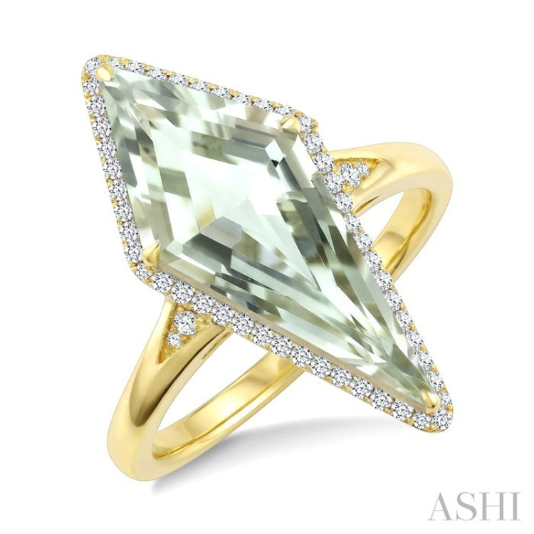 22X9 MM Kite Shape Green Amethyst and 1/5 Ctw Round Cut Diamond Semi-Precious Ring in 14K Yellow Gold