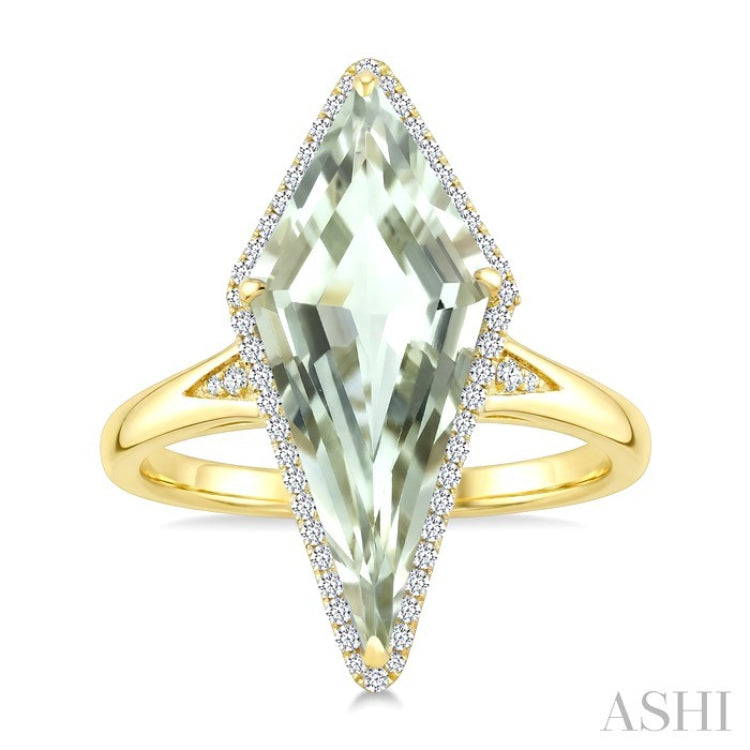 22X9 MM Kite Shape Green Amethyst and 1/5 Ctw Round Cut Diamond Semi-Precious Ring in 14K Yellow Gold