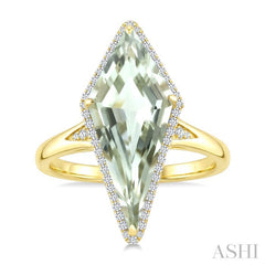 22X9 MM Kite Shape Green Amethyst and 1/5 Ctw Round Cut Diamond Semi-Precious Ring in 14K Yellow Gold