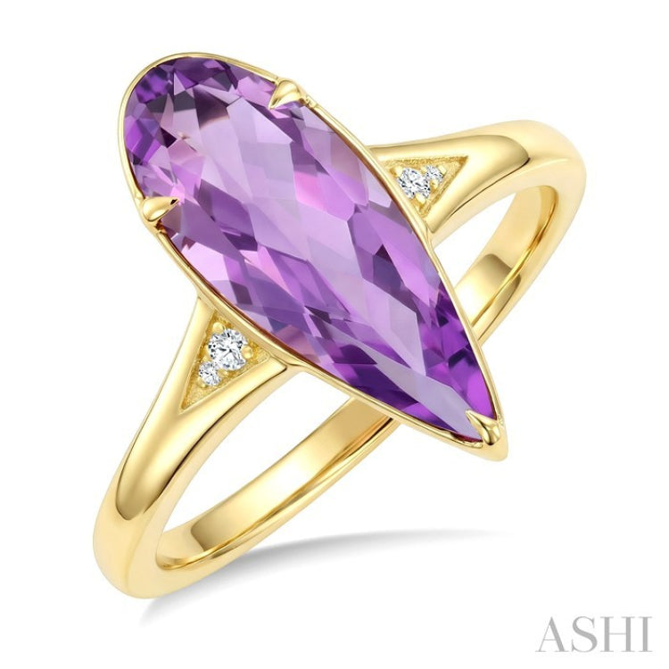 16X6 MM Pear Shape Amethyst and 1/50 Ctw Round Cut Diamond Semi-Precious Ring in 10K Yellow Gold