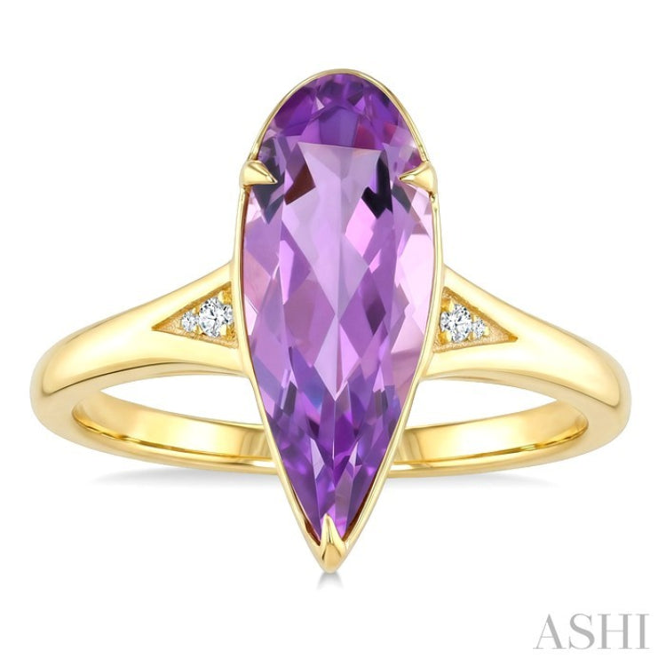 16X6 MM Pear Shape Amethyst and 1/50 Ctw Round Cut Diamond Semi-Precious Ring in 10K Yellow Gold