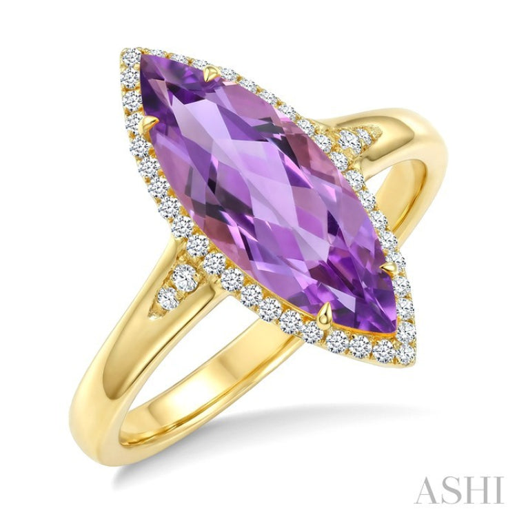 16X7 MM Marquise Shape Amethyst and 1/6 Ctw Round Cut Diamond Semi-Precious Ring in 10K Yellow Gold