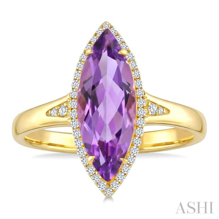 16X7 MM Marquise Shape Amethyst and 1/6 Ctw Round Cut Diamond Semi-Precious Ring in 10K Yellow Gold