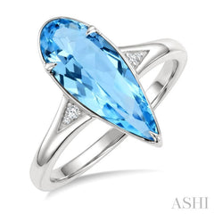 16X6 MM Pear Shape Blue Topaz and 1/50 Ctw Round Cut Diamond Semi-Precious Ring in 10K White Gold