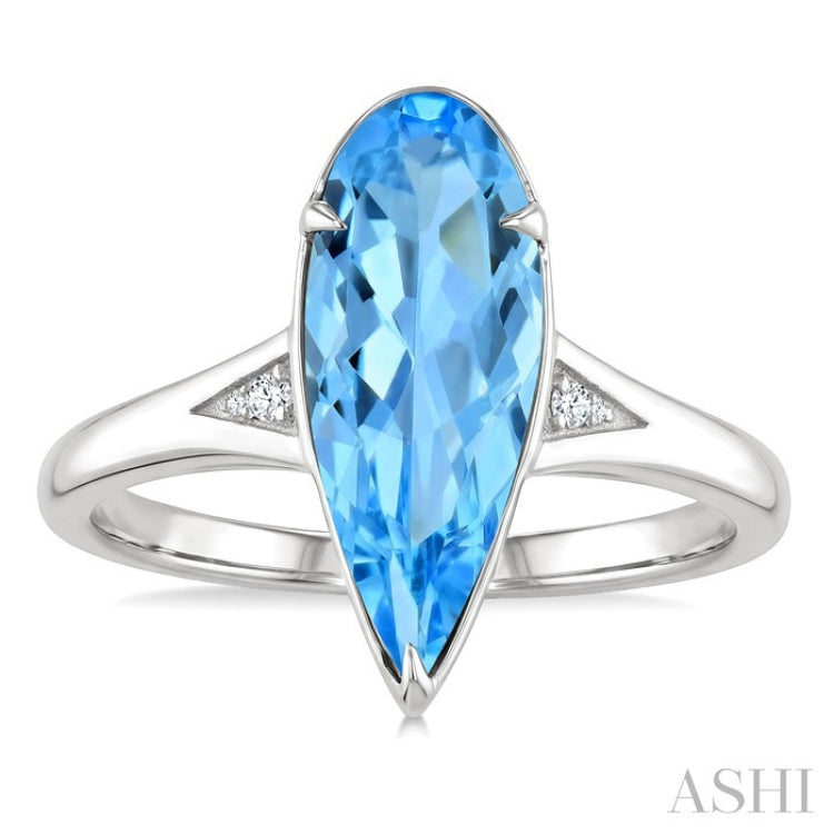 16X6 MM Pear Shape Blue Topaz and 1/50 Ctw Round Cut Diamond Semi-Precious Ring in 10K White Gold