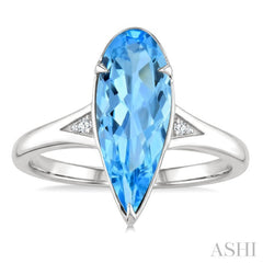 16X6 MM Pear Shape Blue Topaz and 1/50 Ctw Round Cut Diamond Semi-Precious Ring in 10K White Gold