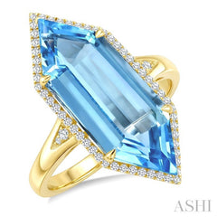 22X8 MM Hexagon Shape Blue Topaz and 1/4 Ctw Round Cut Diamond Semi-Precious Ring in 14K Yellow Gold