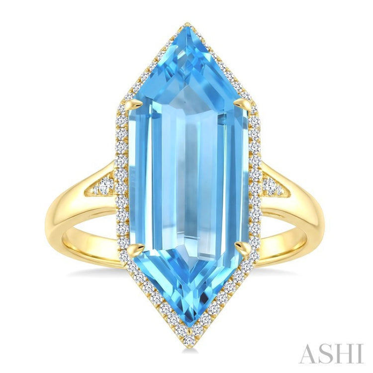 22X8 MM Hexagon Shape Blue Topaz and 1/4 Ctw Round Cut Diamond Semi-Precious Ring in 14K Yellow Gold