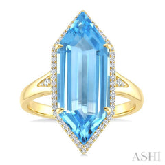 22X8 MM Hexagon Shape Blue Topaz and 1/4 Ctw Round Cut Diamond Semi-Precious Ring in 14K Yellow Gold