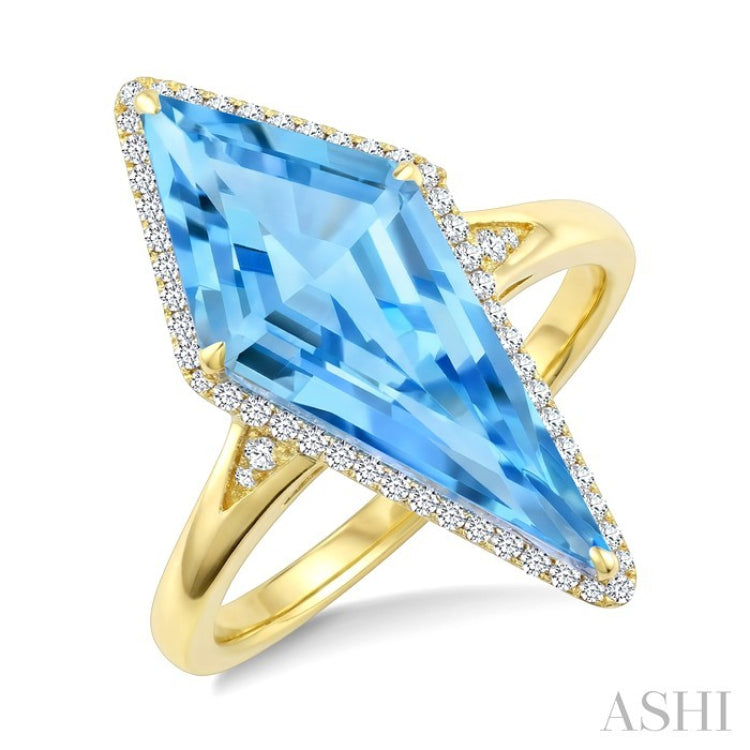 22X9 MM Kite Shape Blue Topaz and 1/5 Ctw Round Cut Diamond Semi-Precious Ring in 14K Yellow Gold
