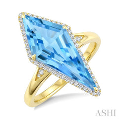 22X9 MM Kite Shape Blue Topaz and 1/5 Ctw Round Cut Diamond Semi-Precious Ring in 14K Yellow Gold