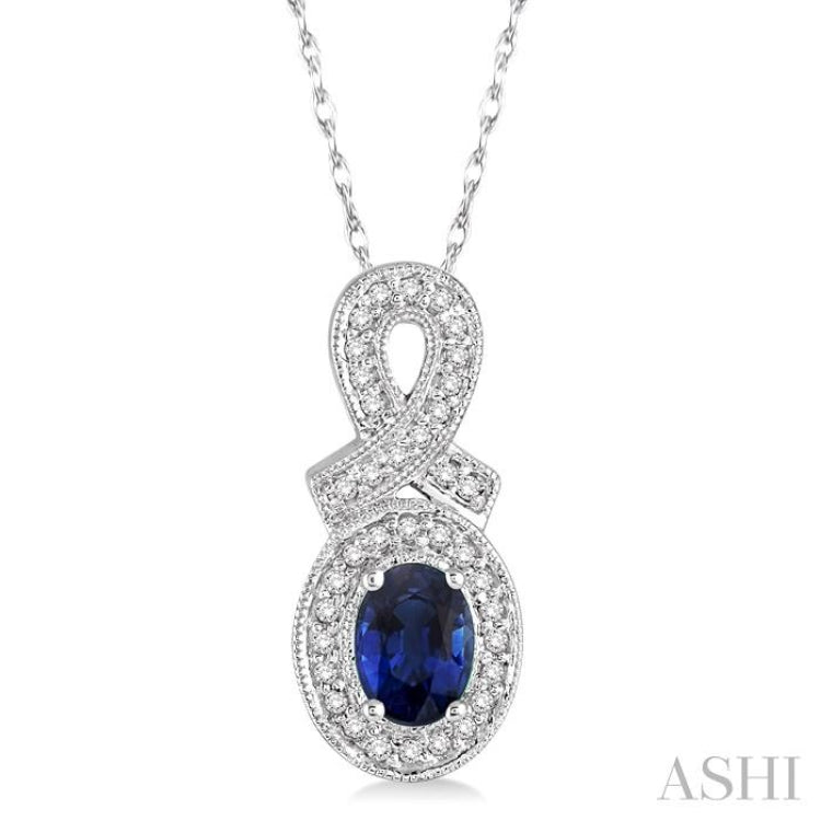 6x4 MM Oval Cut Sapphire and 1/5 Ctw Round Cut Diamond Pendant in 10K White Gold with Chain