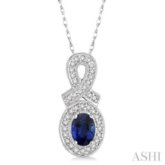 6x4 MM Oval Cut Sapphire and 1/5 Ctw Round Cut Diamond Pendant in 10K White Gold with Chain