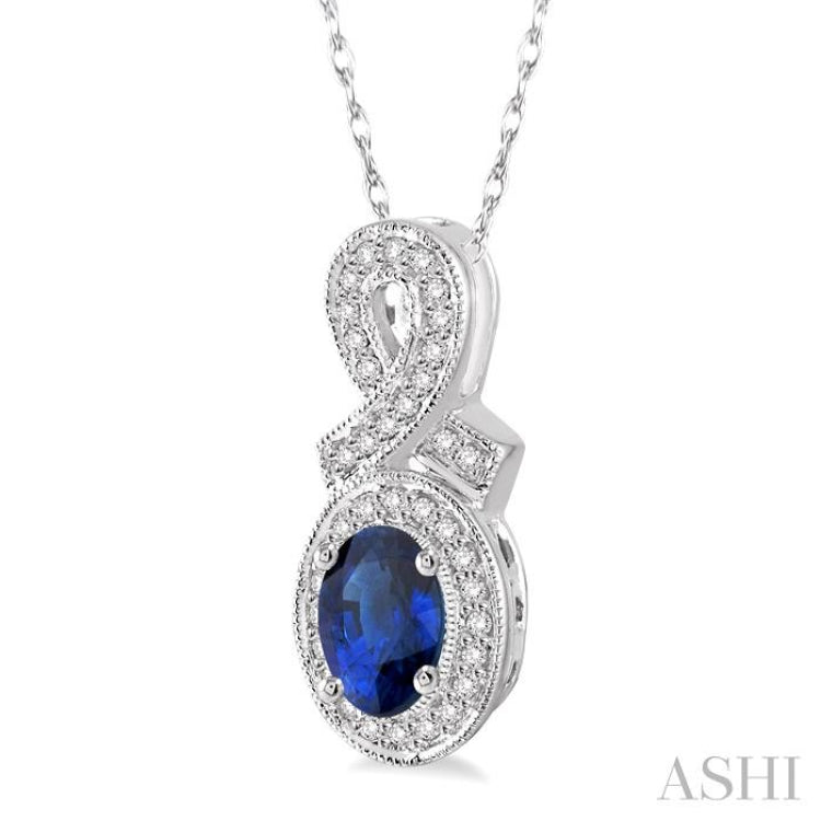 6x4 MM Oval Cut Sapphire and 1/5 Ctw Round Cut Diamond Pendant in 10K White Gold with Chain