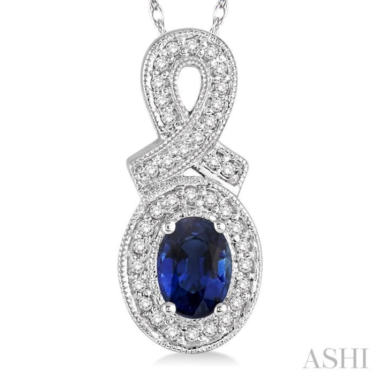 6x4 MM Oval Cut Sapphire and 1/5 Ctw Round Cut Diamond Pendant in 10K White Gold with Chain