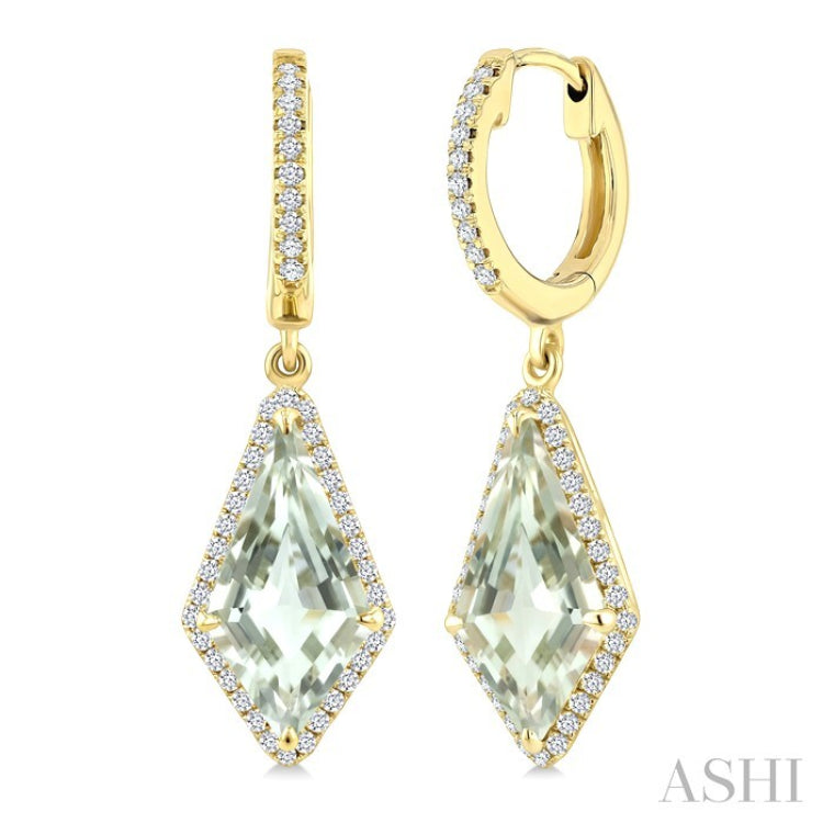 14X7 MM Kite Shape Green Amethyst and 1/3 Ctw Round Cut Diamond Semi-Precious Earrings in 14K Yellow Gold