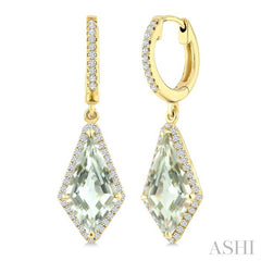 14X7 MM Kite Shape Green Amethyst and 1/3 Ctw Round Cut Diamond Semi-Precious Earrings in 14K Yellow Gold