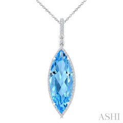22X8 MM Marquise Shape Blue Topaz and 1/4 Ctw Round Cut Diamond Semi-Precious Pendant With Chain in 14K White Gold